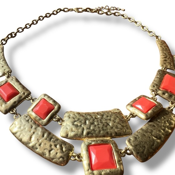 Hammered Gold and Orange Statement Necklace - Picture 5 of 7